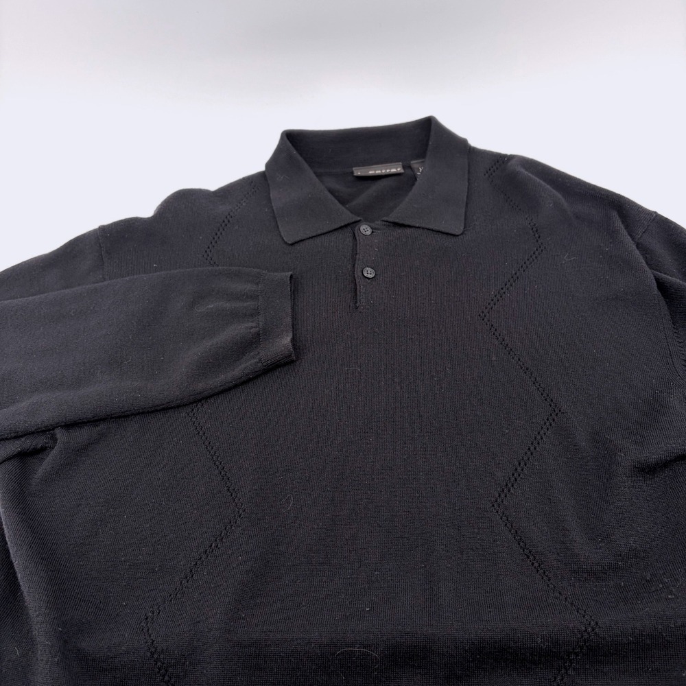 J. Ferrar WOOL Mens Black Long Sleeve Argyle Knit Polo Sweater Large